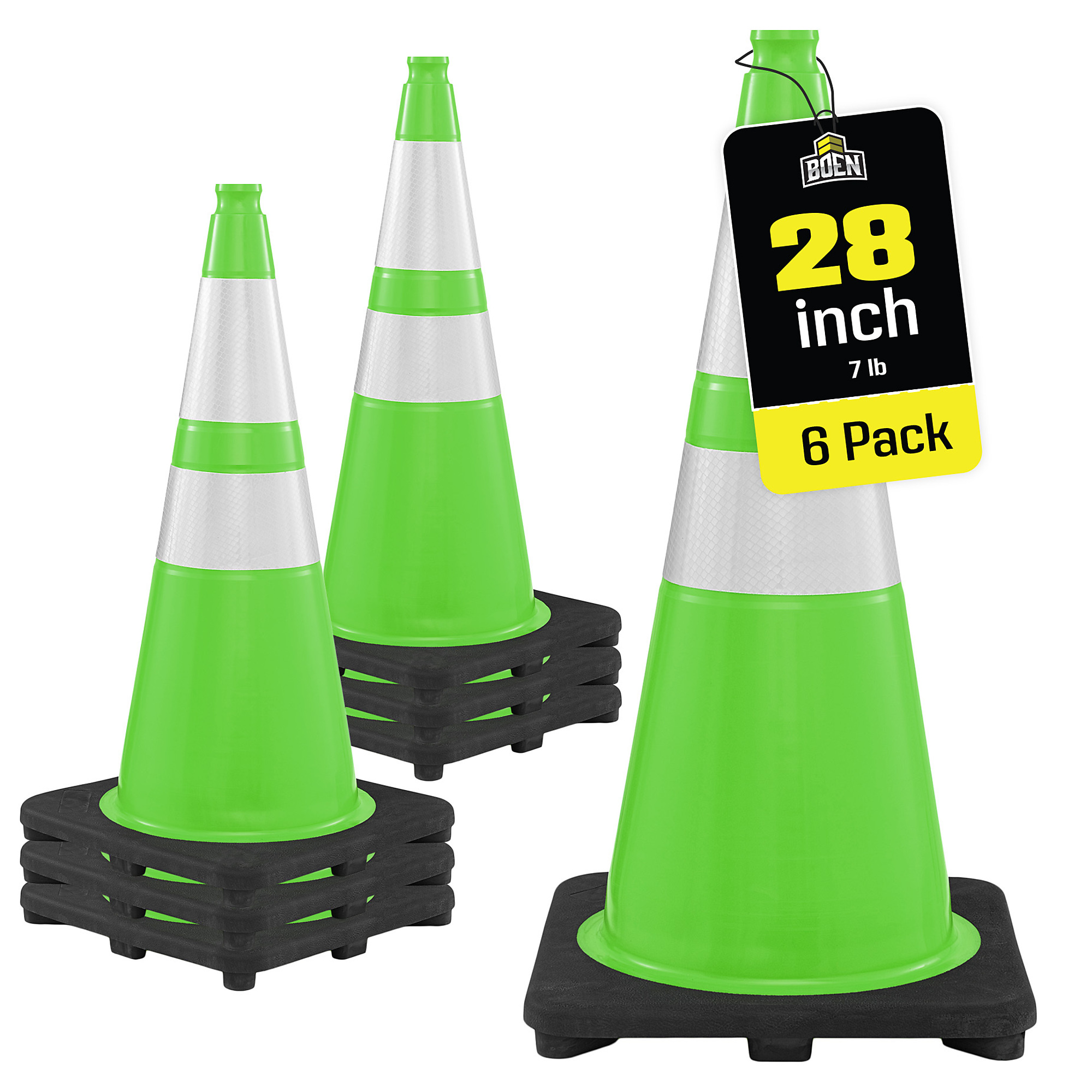 Boen 28 in, Lime Green Traffic Cones, 6-Pack, Traffic Cones with 2 Reflective Collars & 7 lb, Base for Road Work, Parking & Traffic Control